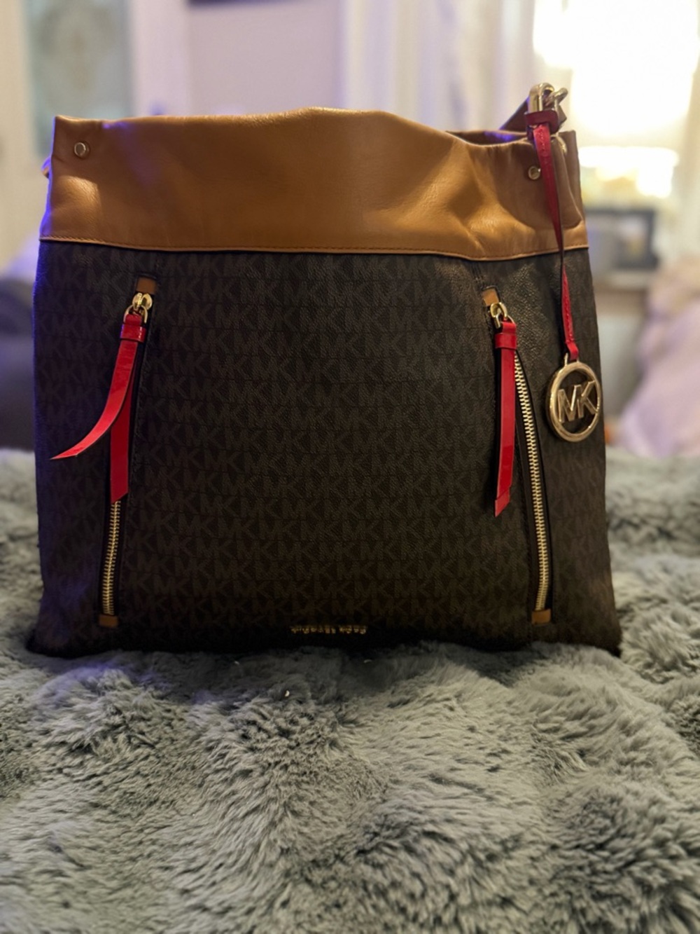 Michael Kors Brown Logo Shoulder Bag with Tan Trim and Red Accents